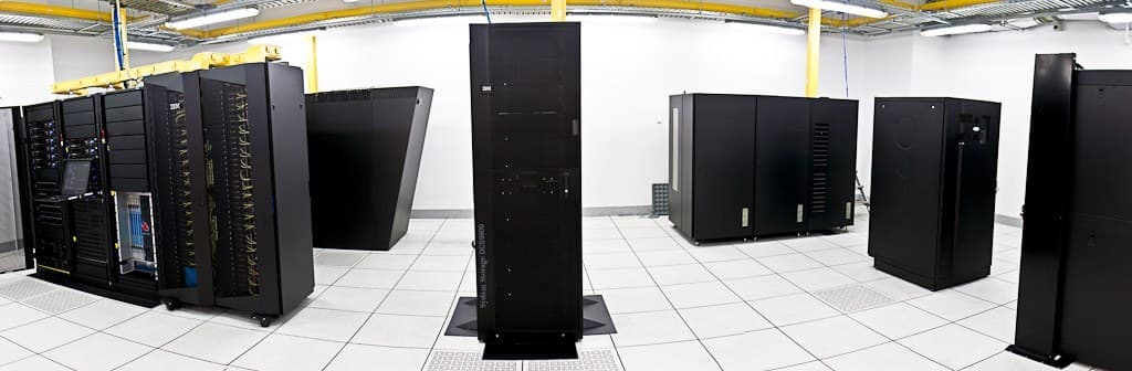 A corridor of server racks inside a data centre.